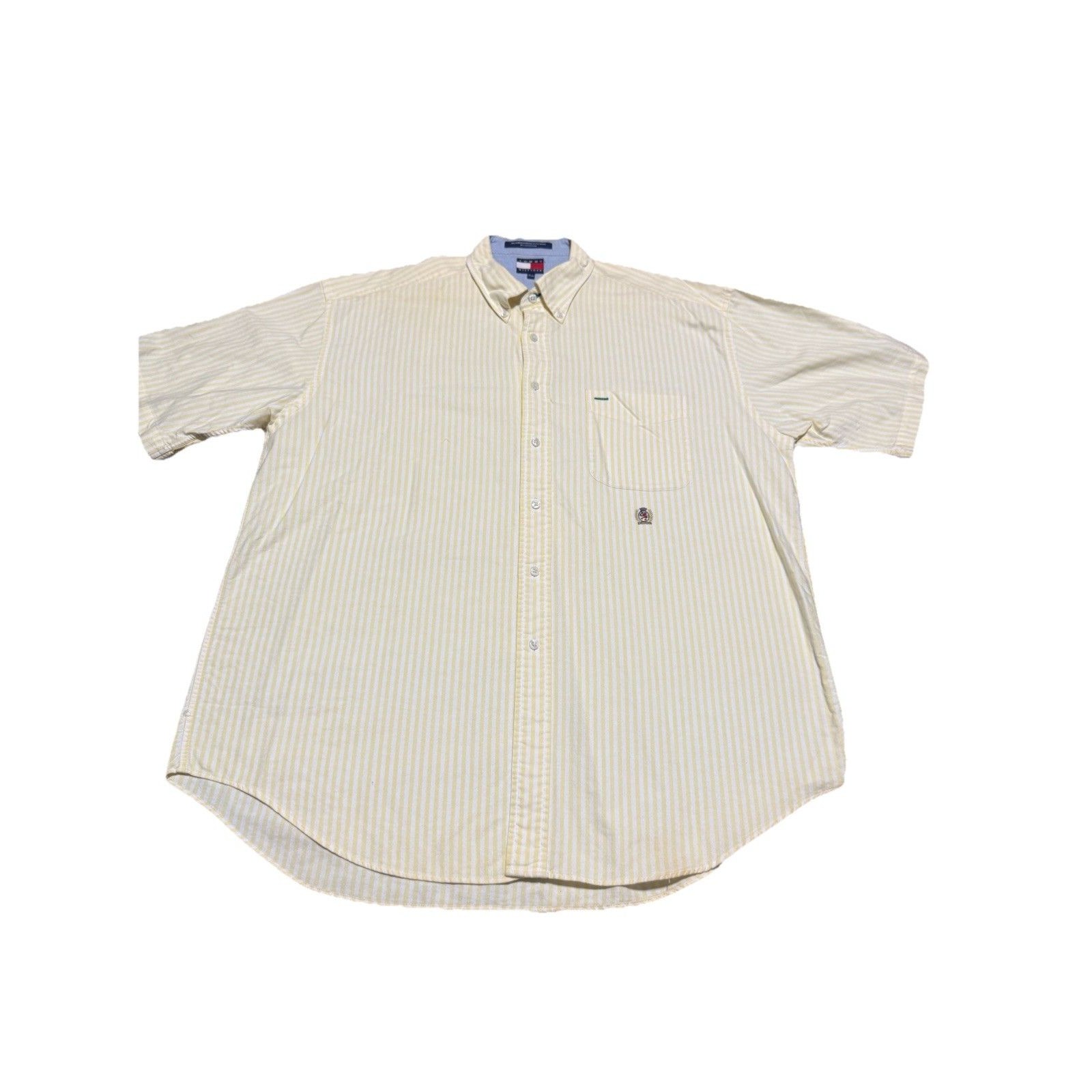 Tommy Hilfiger Shirt Mens X Large Yellow Striped Button Up Short Sleeve *